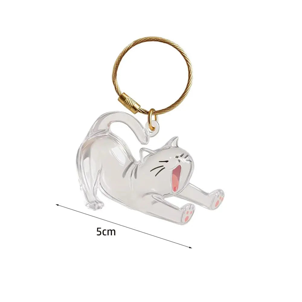 A clear, sculpted cat figurine attached to a gold-colored keyring.