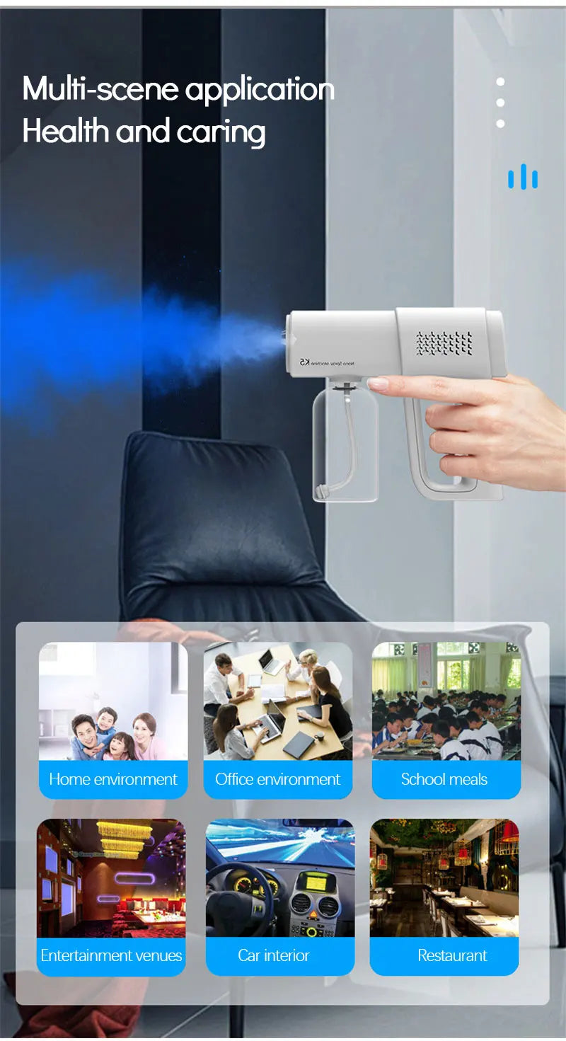 A hand holds an electric nano steam disinfecting spray gun, demonstrating its multi-scene application for health and caring.