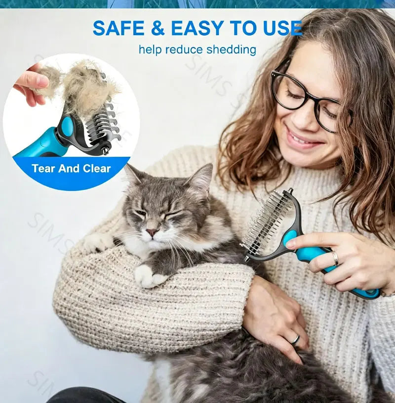 A woman is using a blue pet detangler comb and grooming brush to help reduce shedding on a cat.