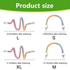 Comparison of product sizes L, S, XL, and M showing different lengths and stretching capabilities.