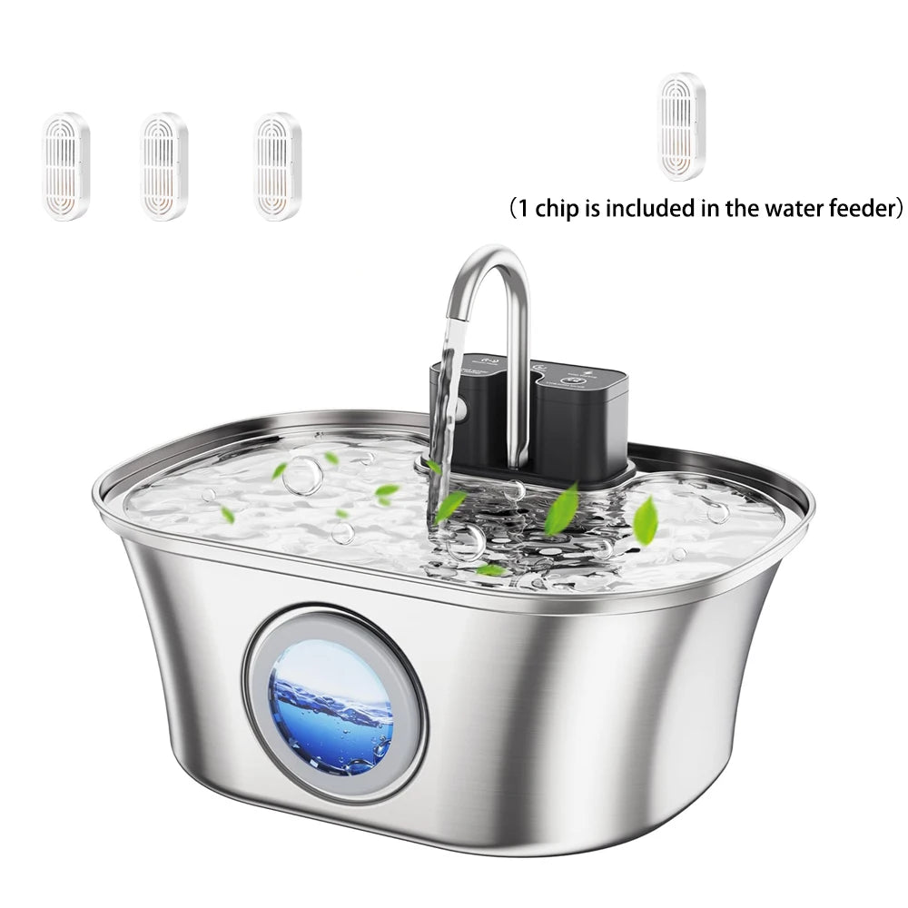 Stainless steel cat water fountain with a visible water feeder and smart sensor