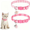 A pink plaid cat collar with a bow pendant and matching collar strap shown next to a kitten.