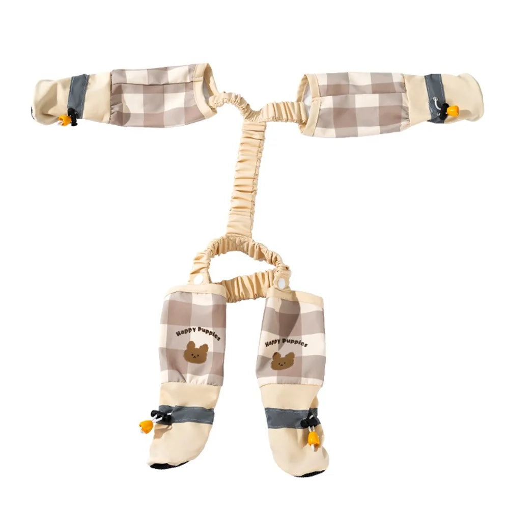 A pair of adjustable reflective pet strolling pants in beige and brown plaid fabric.