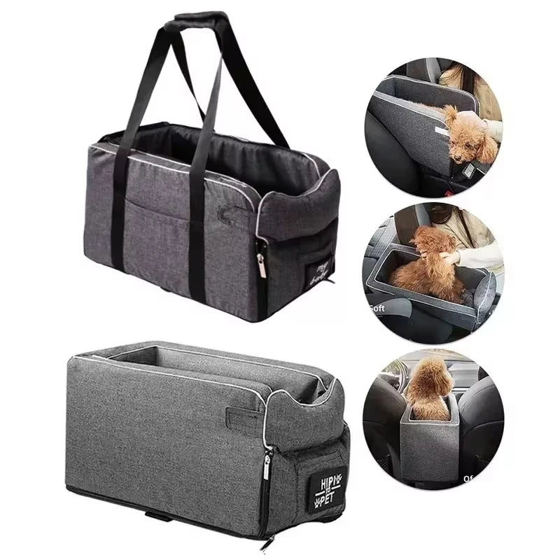 A portable pet car seat and booster bed for dogs and cats in gray fabric, shown from multiple angles.
