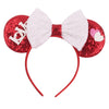 Rotes Pailletten-Mausohren-Headband mit weißer Schleife und rosa Herzen
