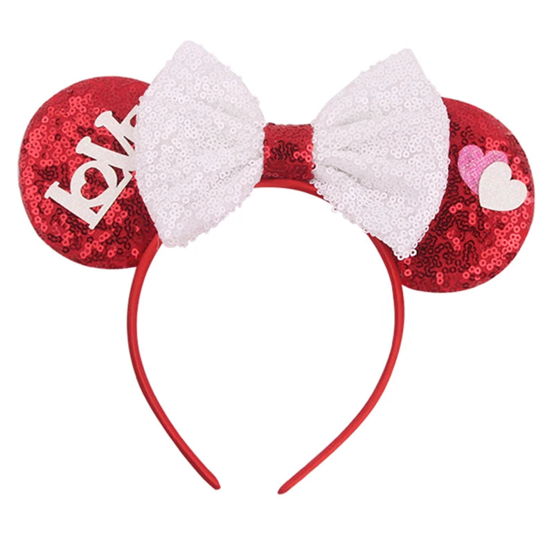 Rotes Pailletten-Mausohren-Headband mit weißer Schleife und rosa Herzen