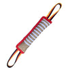 Durable jute dog tug of war training toy with red and white striped grip and yellow and black cords