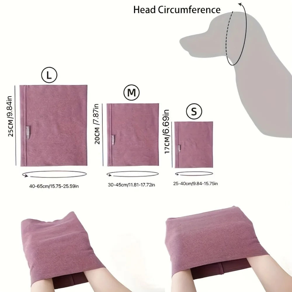 A pair of mauve soundproof pet ear muffs shown in various sizes and a close-up of them being worn on a person's head.
