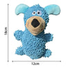 A light blue, fluffy plush toy resembling an elephant with large ears and a black nose.