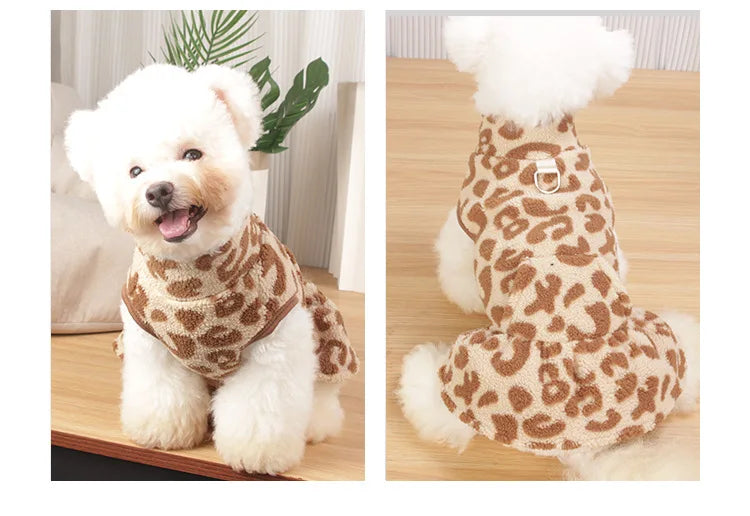 A fluffy white dog wearing a leopard print dress with a white fluffy collar.