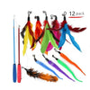 A 12 pack of interactive cat toys featuring various colored feathers and plush attachments.