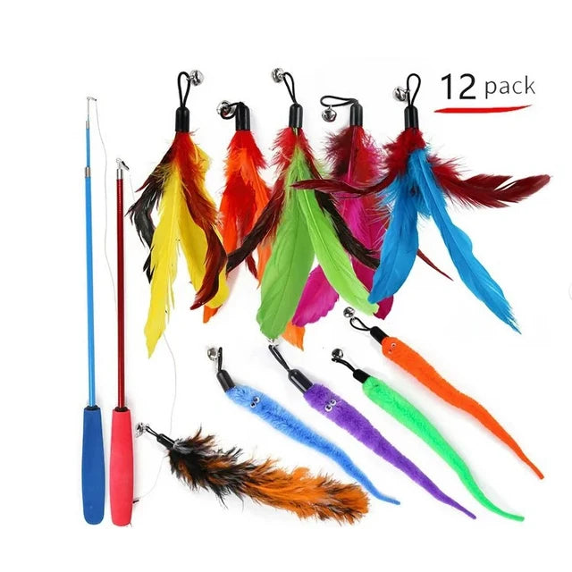A 12 pack of interactive cat toys featuring various colored feathers and plush attachments.
