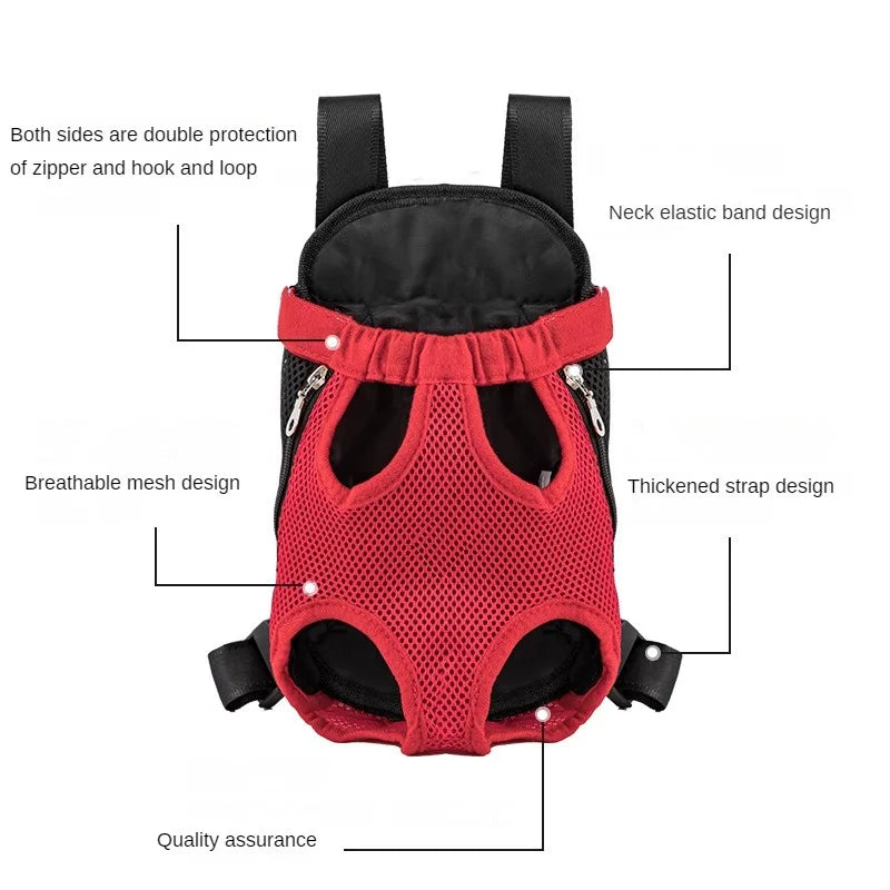 Sac à dos respirant rouge en maille pour chiens et chats avec double protection.
