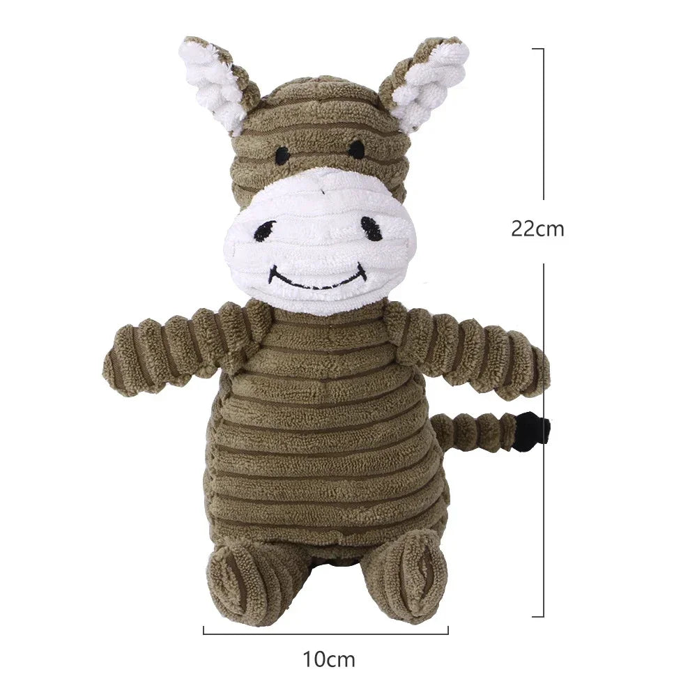 A plush toy of a donkey or horse with white face and brown body, featuring corduroy texture and ears.