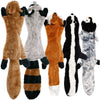 A collection of five plush dog toys in various colors and patterns including brown gray orange black and white