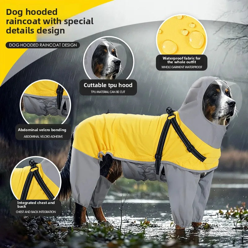 A yellow and gray waterproof dog raincoat with a hood is shown standing in water.