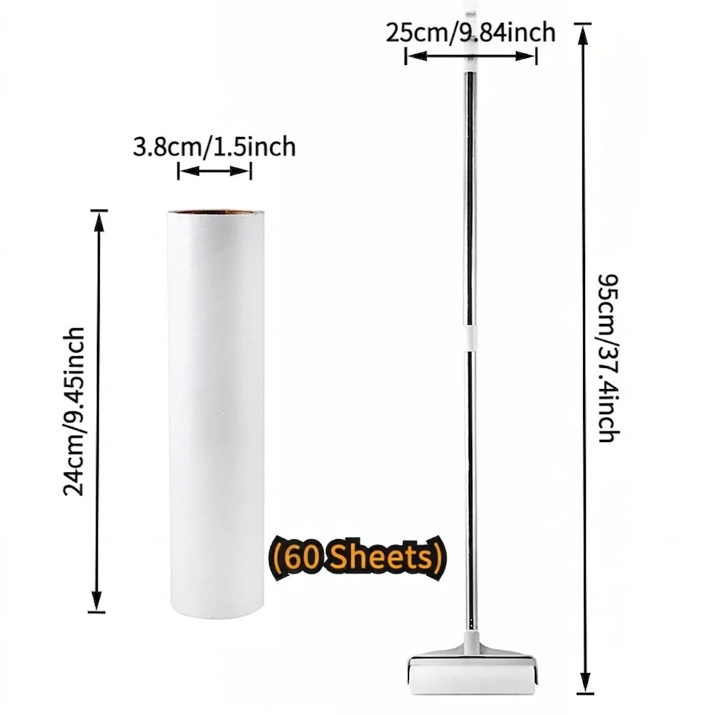 A white extendable pet hair lint roller with a 25cm handle and a 95cm total length, shown next to a refill roll.