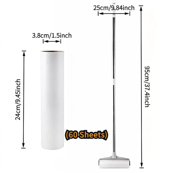 A white extendable pet hair lint roller with a 25cm handle and a 95cm total length, shown next to a refill roll.