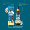 A bottle of YEGBONG Ear Drops with a dropper, shown next to a package and a dog ear.