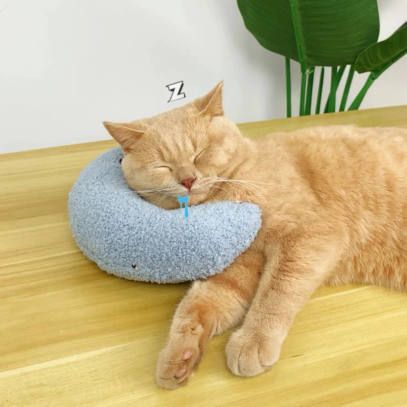 Un chat orange repose sa tête sur un coussin d'animal bleu sur une surface en bois.
