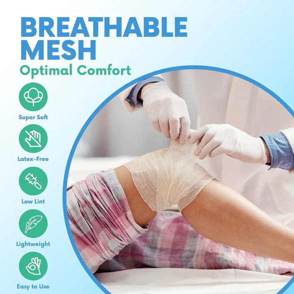 A hand wearing a white glove is applying breathable mesh gauze bandages to a person's leg.