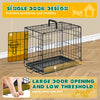 A black foldable metal pet crate with a large door opening and low threshold is shown on a wooden floor.