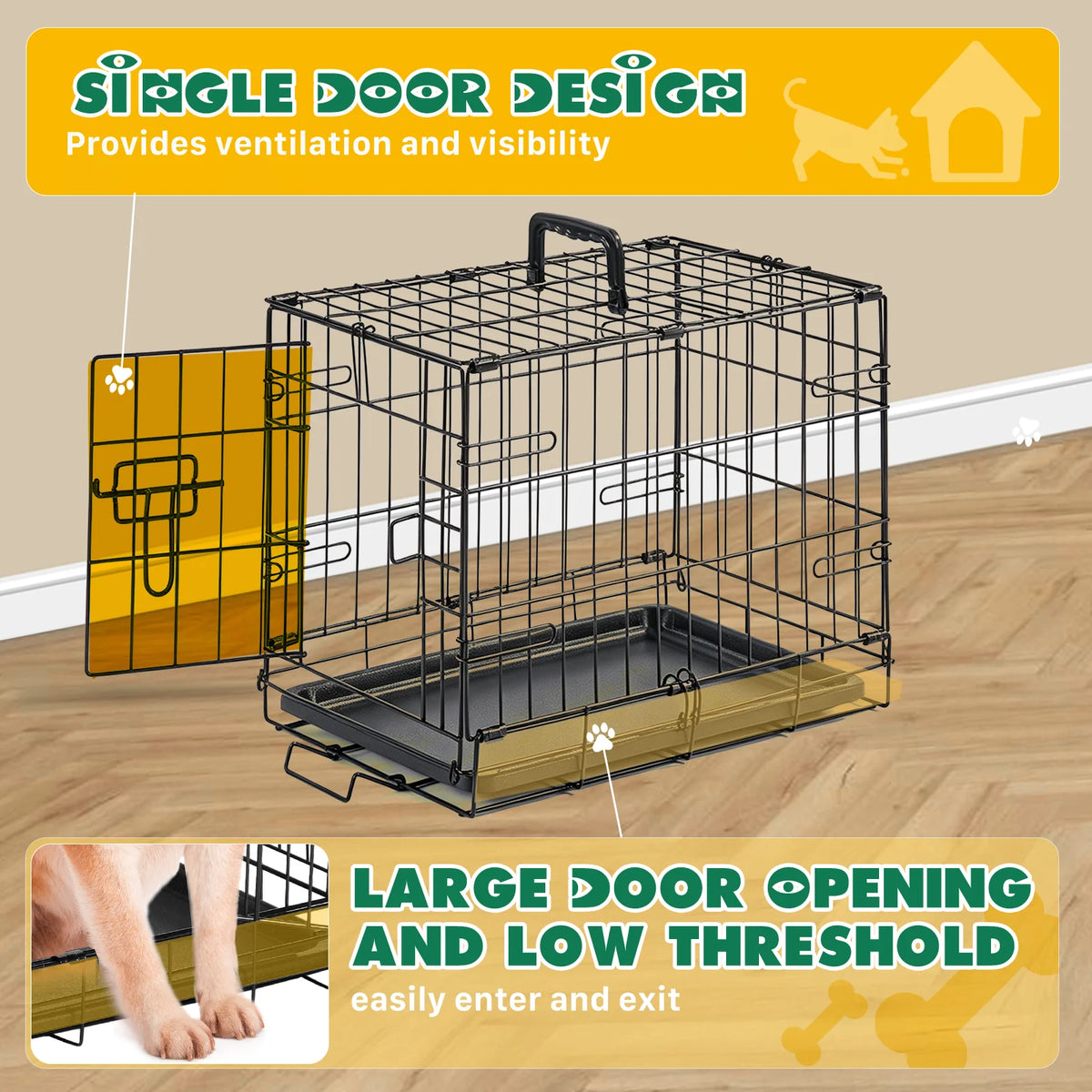 A black foldable metal pet crate with a large door opening and low threshold is shown on a wooden floor.