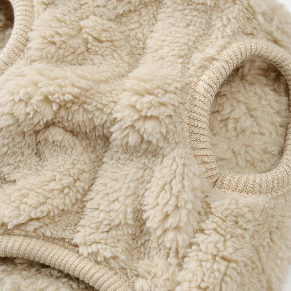 A beige, fluffy fleece pullover sweatshirt designed for small dogs and cats.