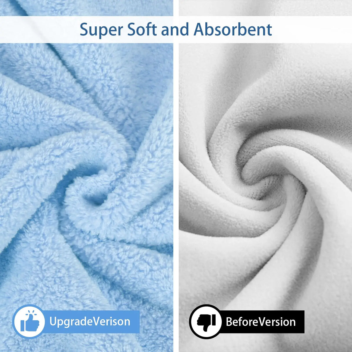 Comparison showing a Super Soft and Absorbent towel texture, with an UpgradeVersion side and a BeforeVersion side.