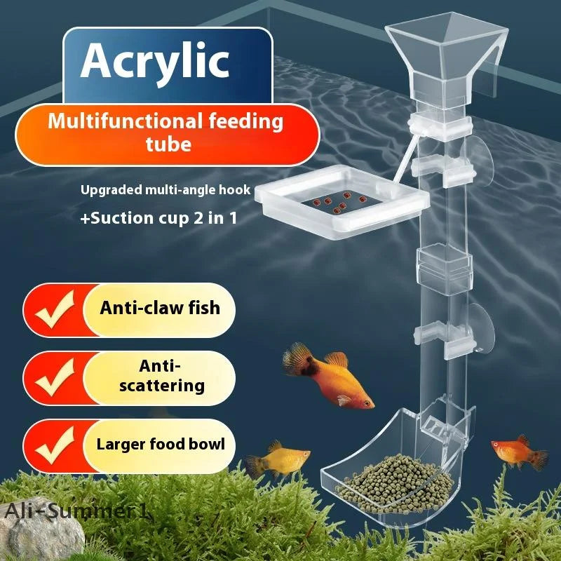 Transparent acrylic multifunctional feeding tube with an anti-claw fish bowl and suction cup for aquarium feeding