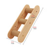 A wooden wall mounted cat climbing shelf featuring a bridge design with cylindrical grips.