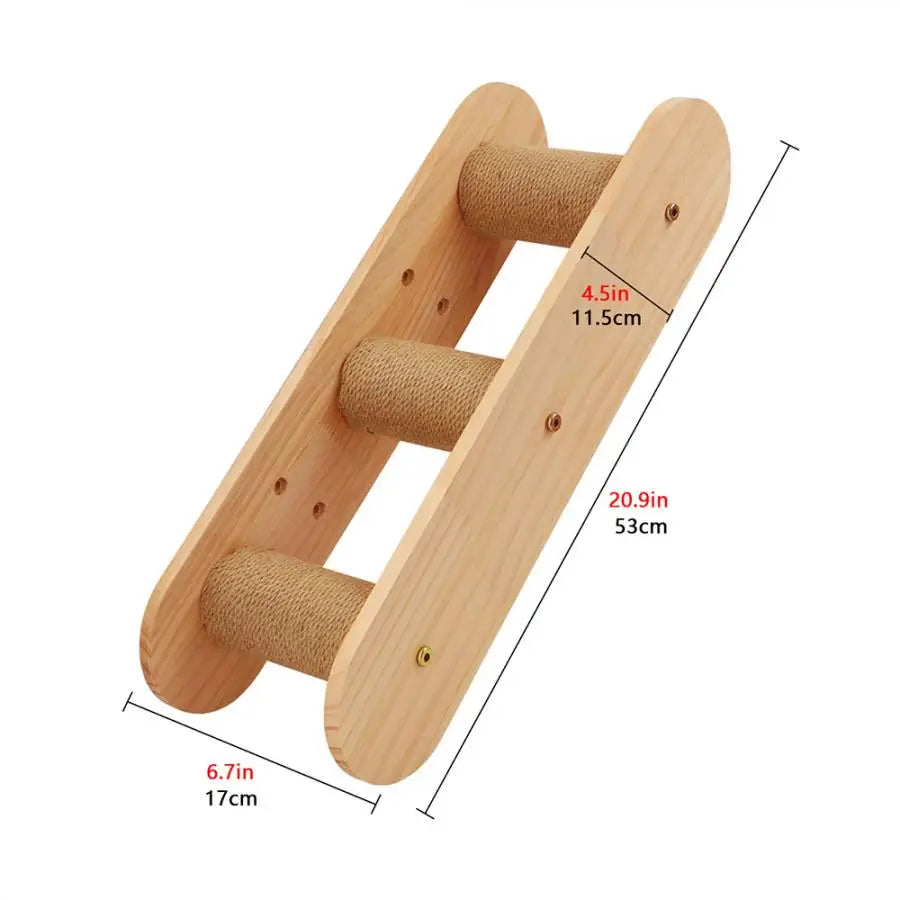 A wooden wall mounted cat climbing shelf featuring a bridge design with cylindrical grips.