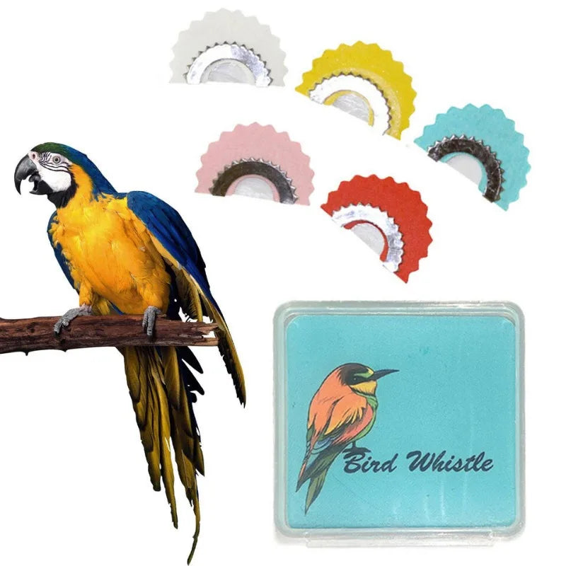 A yellow and blue bird is perched on a branch next to a set of colorful, rainbow-shaped whistles.