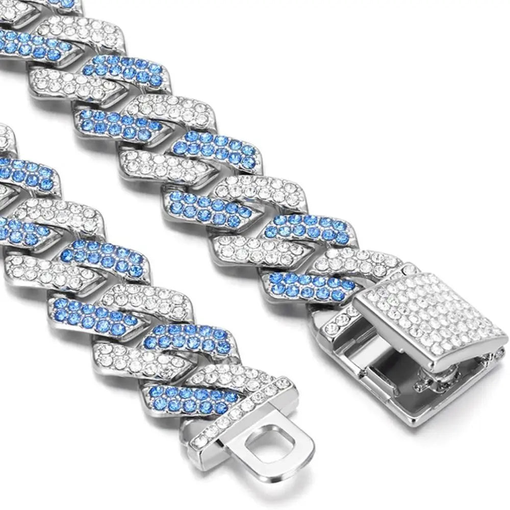 Silver diamond link pet collar for dogs with blue accents