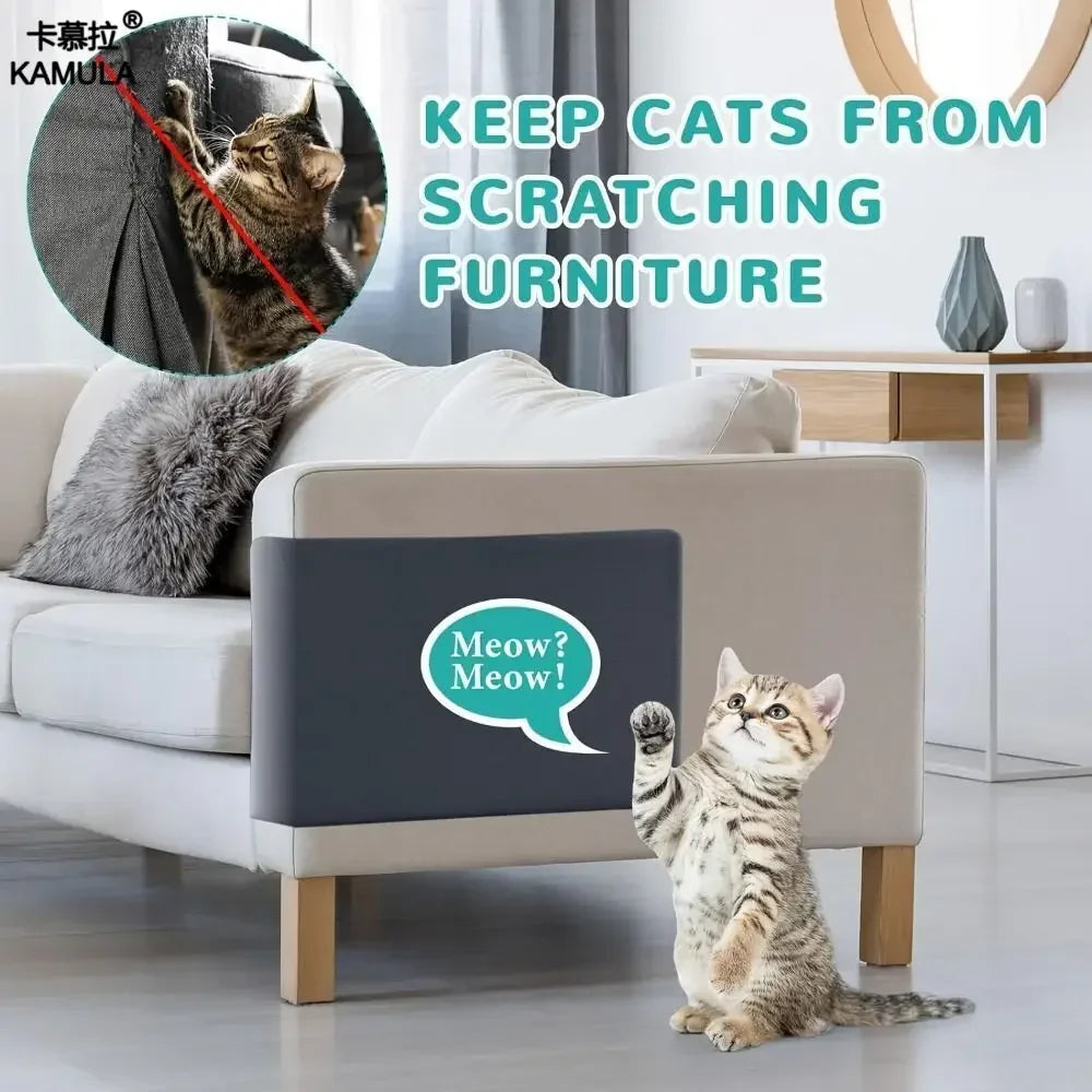 A self-adhesive cat scratching mat is placed on a sofa, with a tabby kitten sitting nearby.