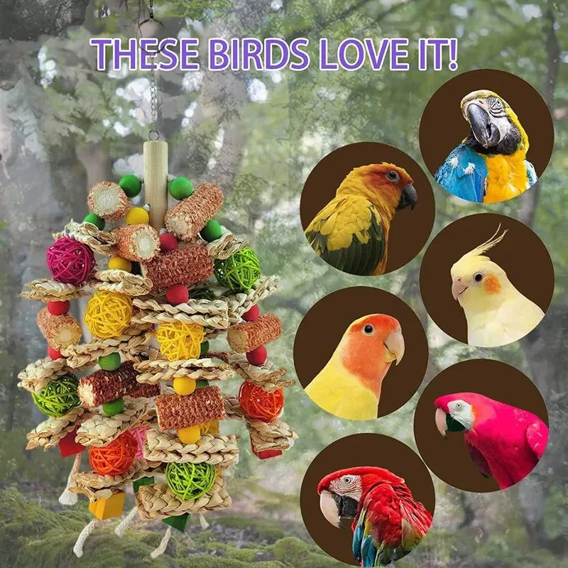 A wooden parrot swing toy featuring various colorful birds and natural materials.