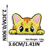 Yellow cat embroidered iron-on patch with pink accents and black details