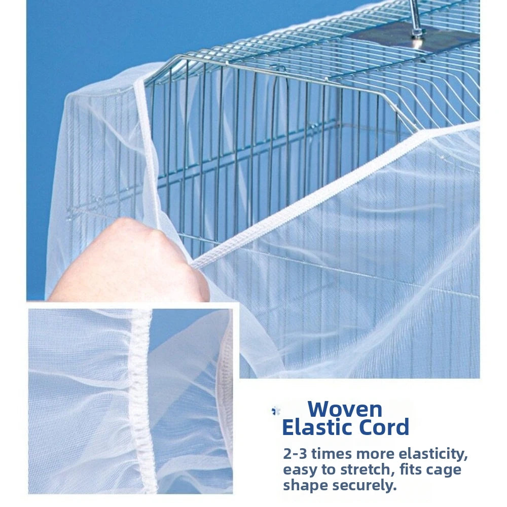 A hand is shown interacting with a woven elastic cord used to secure a bird cage cover.