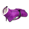 A purple reflective winter coat for dogs with a white sherpa lining and black trim.