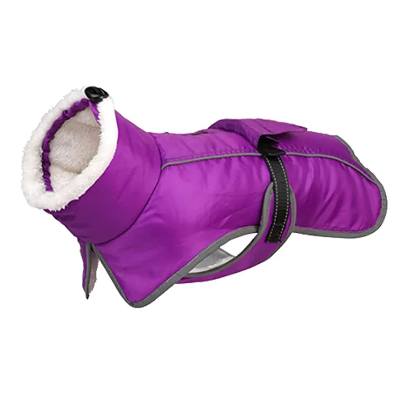 A purple reflective winter coat for dogs with a white sherpa lining and black trim.