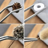 A set of precision stainless steel tweezers showing various tips including a pinecone, a white disc, and a natural brush.