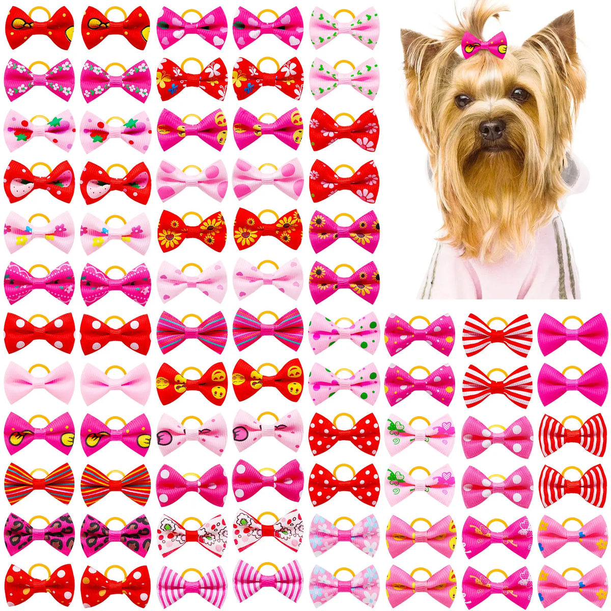 A collection of colorful pet hair bows featuring various patterns and colors tied with gentle rubber bands.