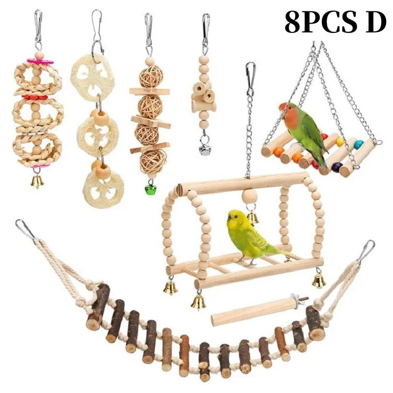 Eight pieces of natural wooden swing and chewing toys for parrots, including various shapes and sizes.