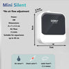 A white Mini Silent air pump for aquariums shown with dimensions and accessories.