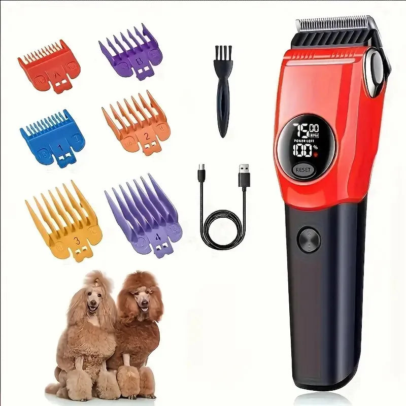 Professioneller Haartrimmer mit verschiedenen Aufsätzen und einem flauschigen Hund im Vordergrund.