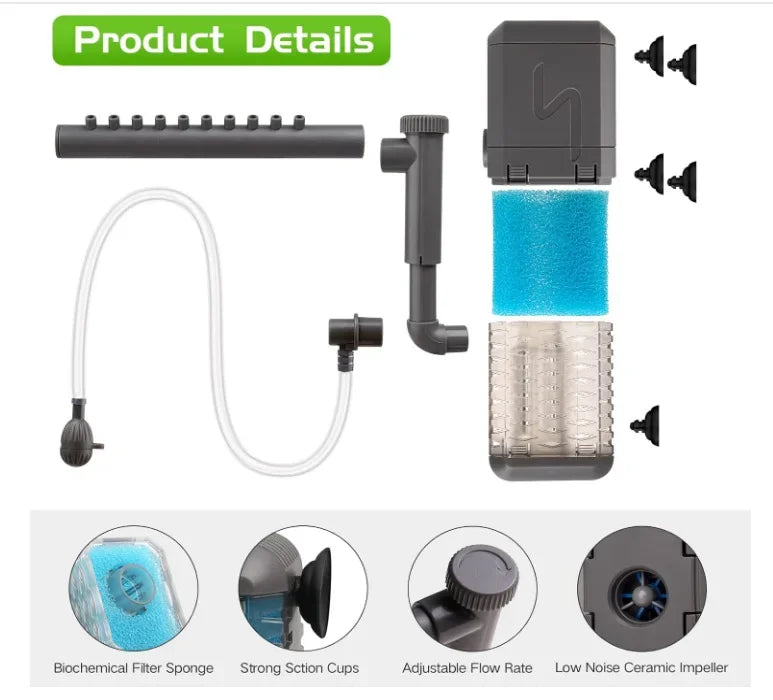 Product details showing a 3-in-1 aquarium filter including a sponge, cups, flow rate adjustment, and ceramic impeller.