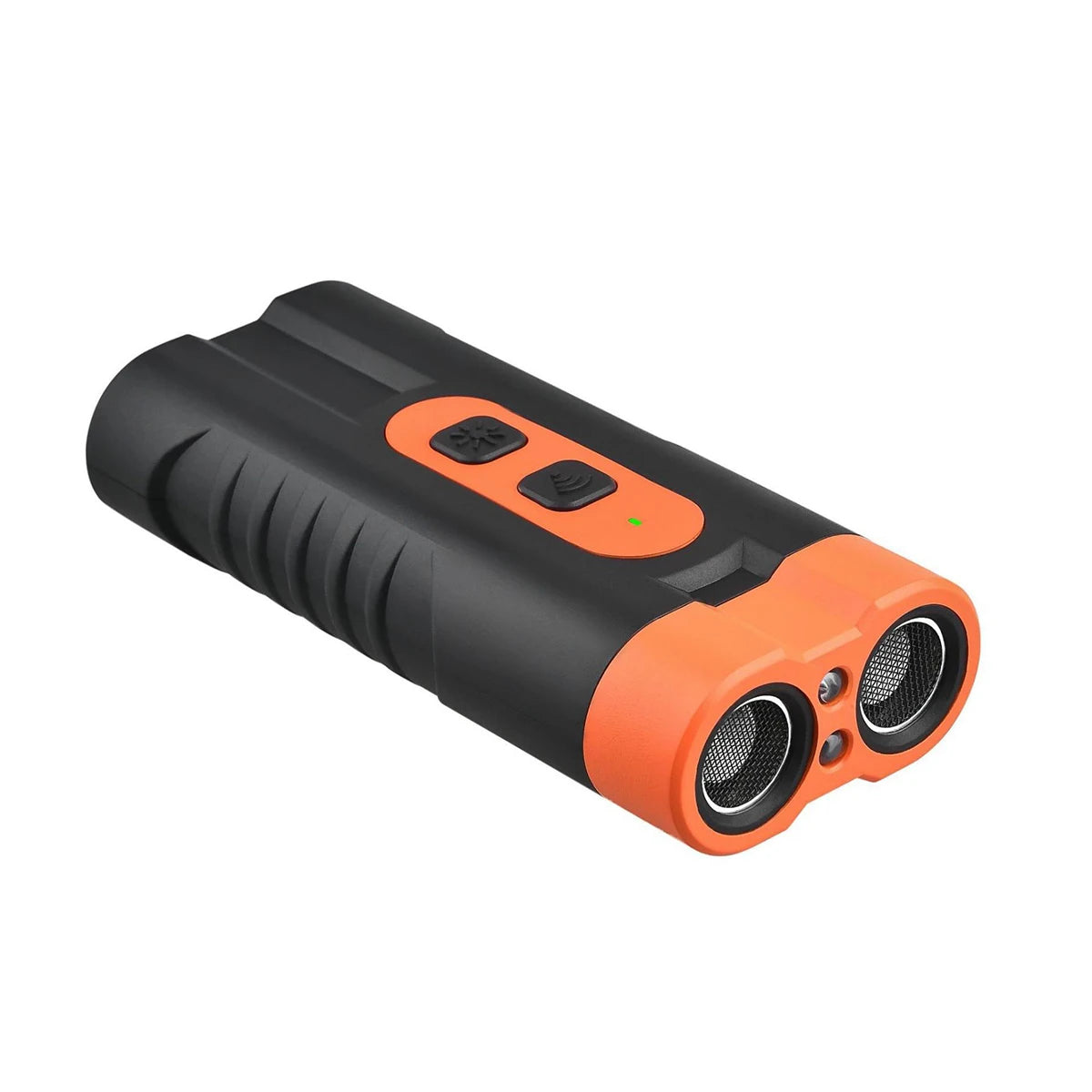 Black and orange ultrasonic pet bark repeller device with a textured body and two circular openings.
