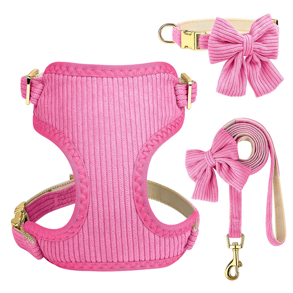 Pink breathable dog harness, collar, and leash set with a bowknot
