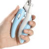 A hand holds a light blue professional pet nail clipper with a silver clamp and LED light feature.