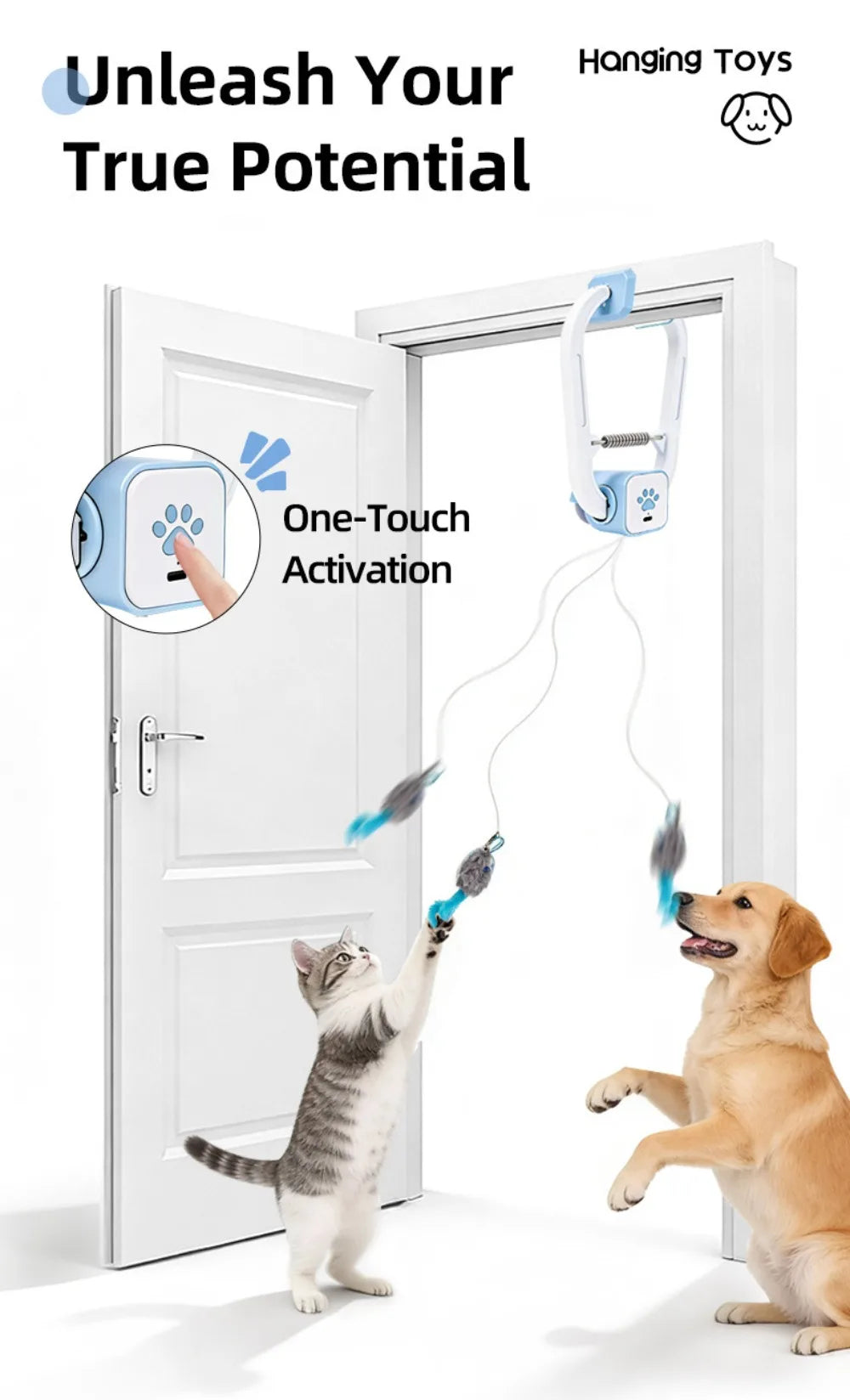 Eine Katze und ein Hund interagieren mit einem hängenden Spielzeug mit Ein-Tast-Aktivierung.